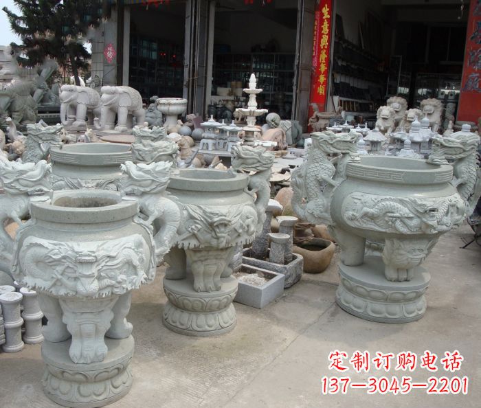 湖北寺庙景观龙头石雕水缸
