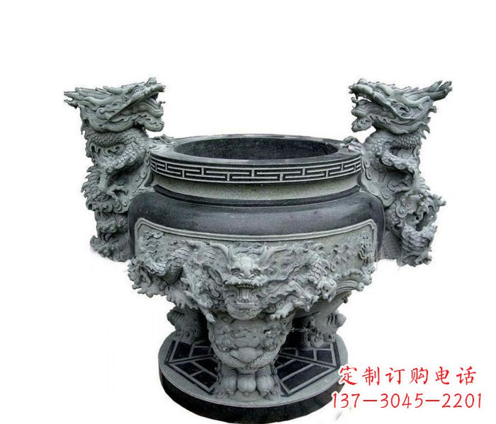 湖北寺庙景观龙头水缸石雕 (2)