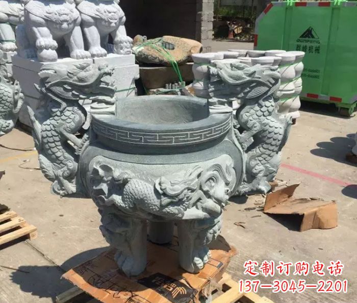 湖北寺庙景观青石龙头香炉石雕 (2)
