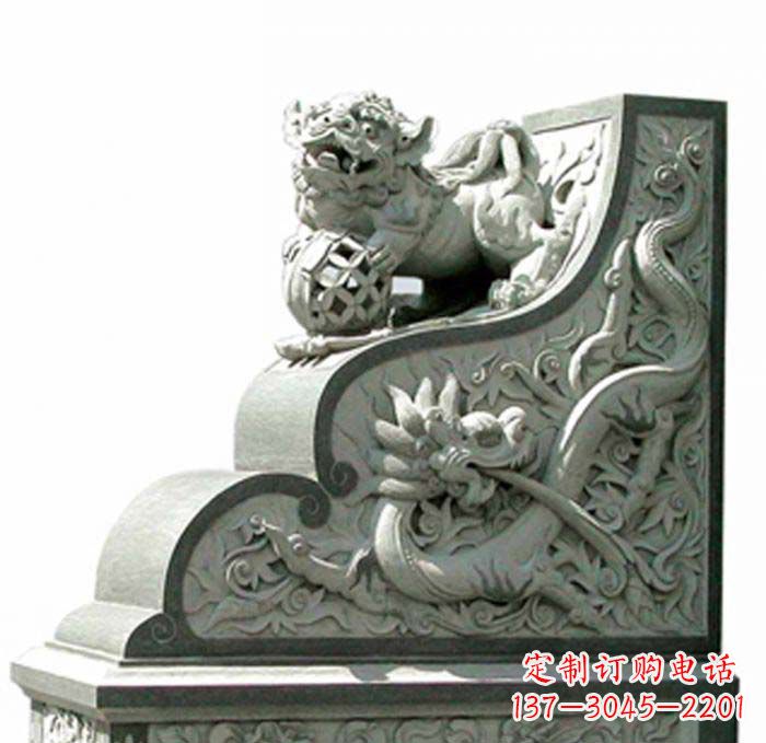 湖北寺庙景观玩绣球狮子石雕门墩