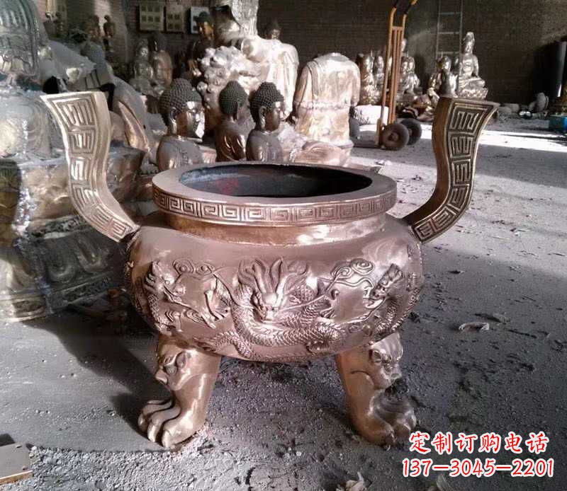 湖北寺庙龙浮雕圆铜雕香炉