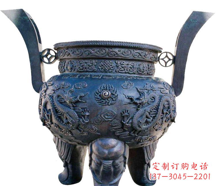 湖北寺庙圆形三足鼎铜雕香炉