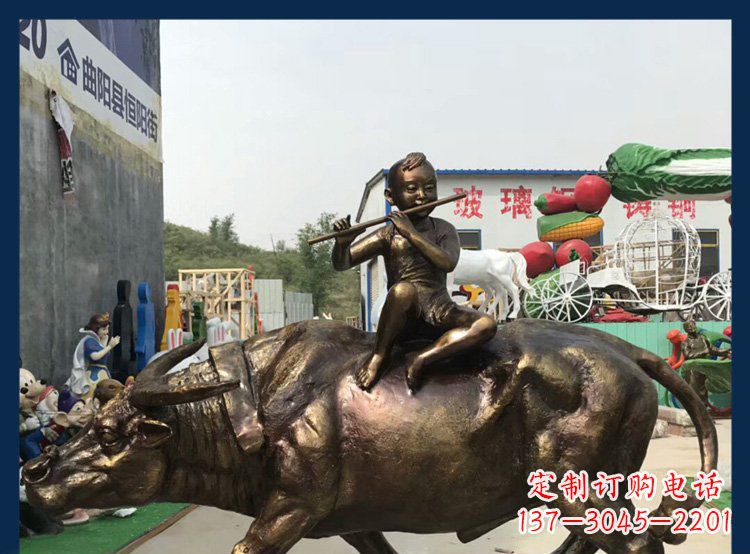 湖北田园铜雕木头骑黄牛动物雕塑