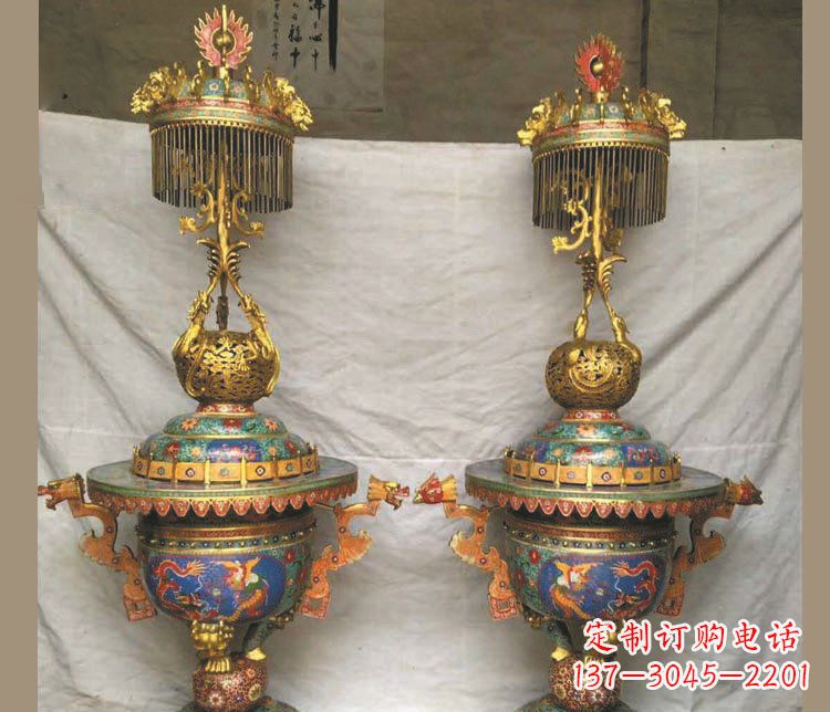湖北铜雕彩绘香炉景观摆件