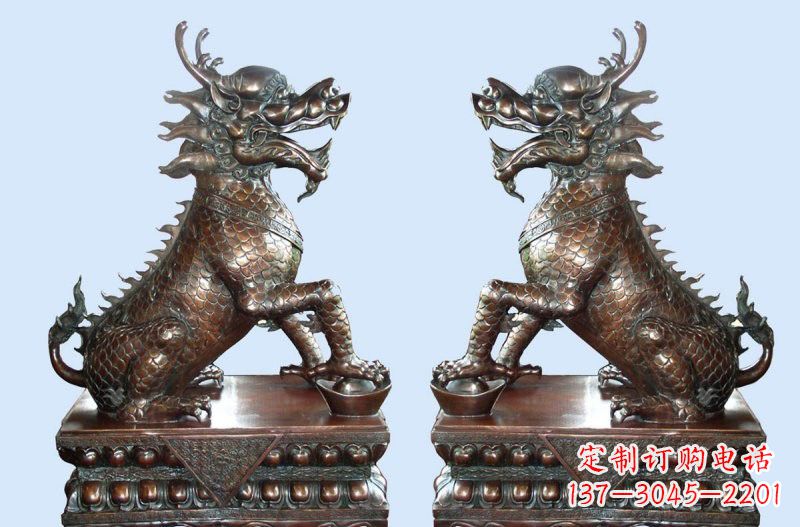 湖北铜雕踩元宝招财麒麟