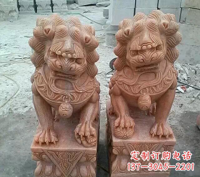 湖北晚霞红传统狮子石雕