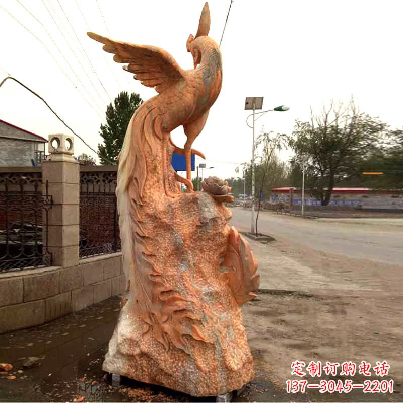湖北晚霞红大理石瑞鸟凤凰雕塑