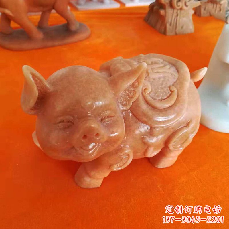 湖北晚霞红大理石招财猪雕塑-企业商场创意生肖动物风水摆件