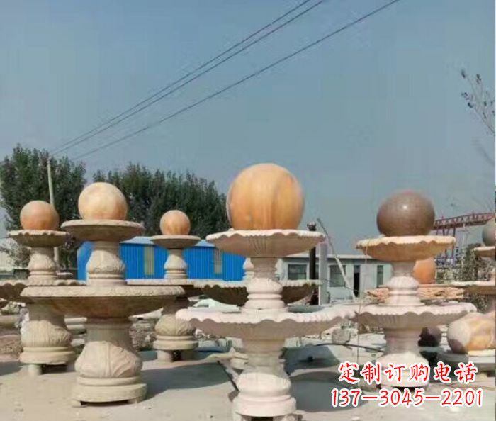 湖北晚霞红多层风水球喷泉石雕