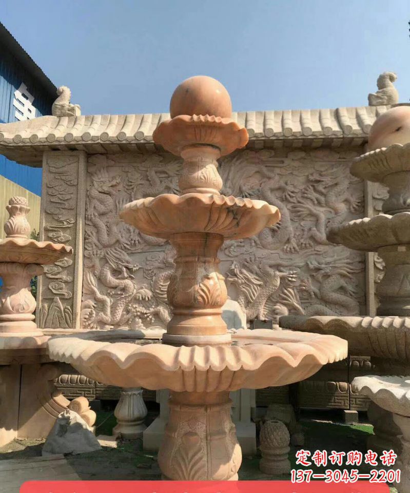 湖北晚霞红风水球石雕喷泉