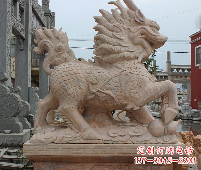 湖北晚霞红古代神兽麒麟石雕