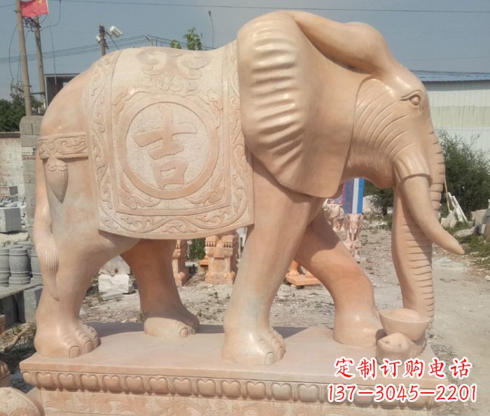 湖北晚霞红吉祥如意门口大象石雕 (2)