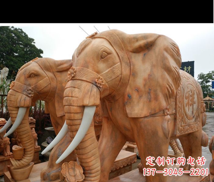 湖北晚霞红吉祥如意门口镇宅招财大象石雕 (3)