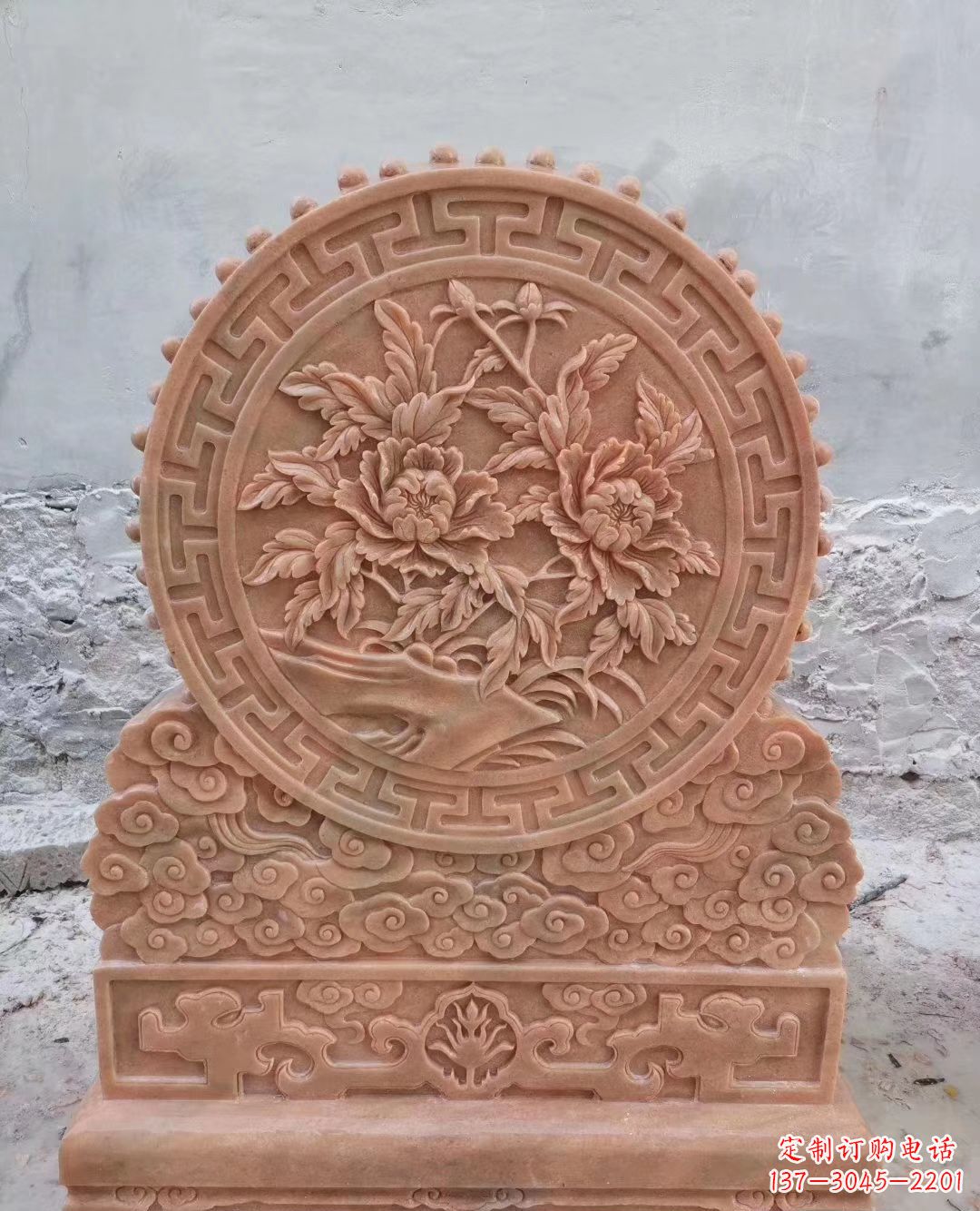 湖北晚霞红牡丹花浮雕石门墩