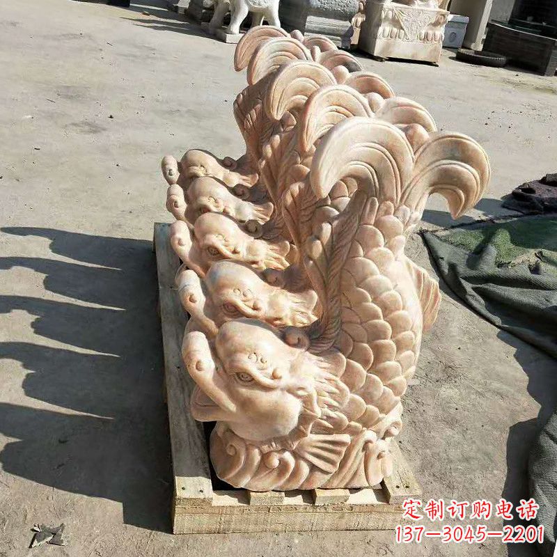 湖北晚霞红喷水鱼石雕-园林水景喷泉动物雕塑摆件