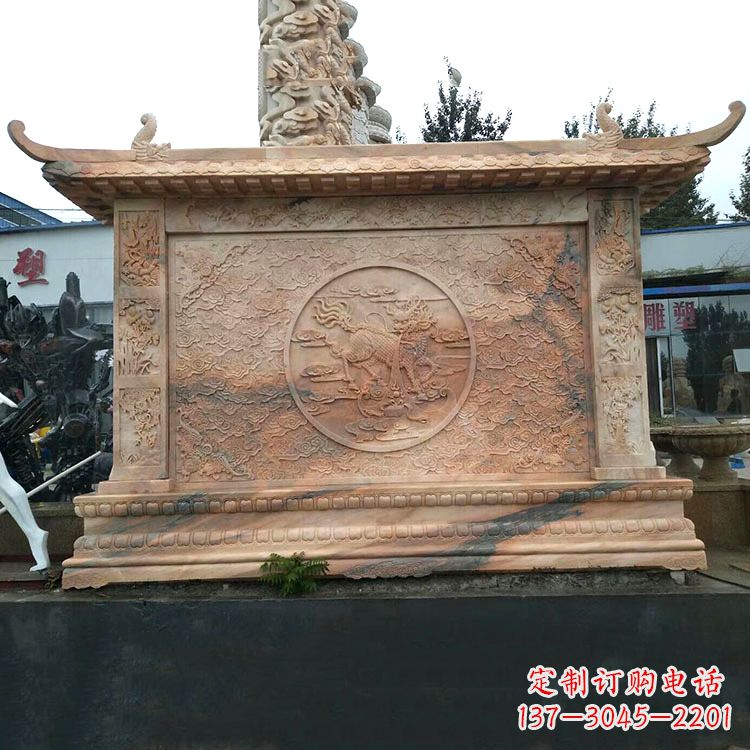 湖北晚霞红麒麟影壁墙石雕