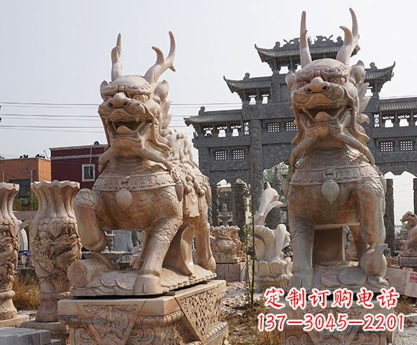 湖北晚霞红瑞兽麒麟石雕 (2)