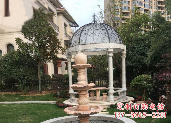 湖北晚霞红三层风水球喷泉小区石雕