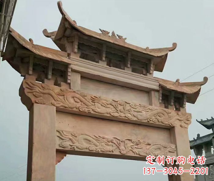 湖北晚霞红石雕单门牌坊