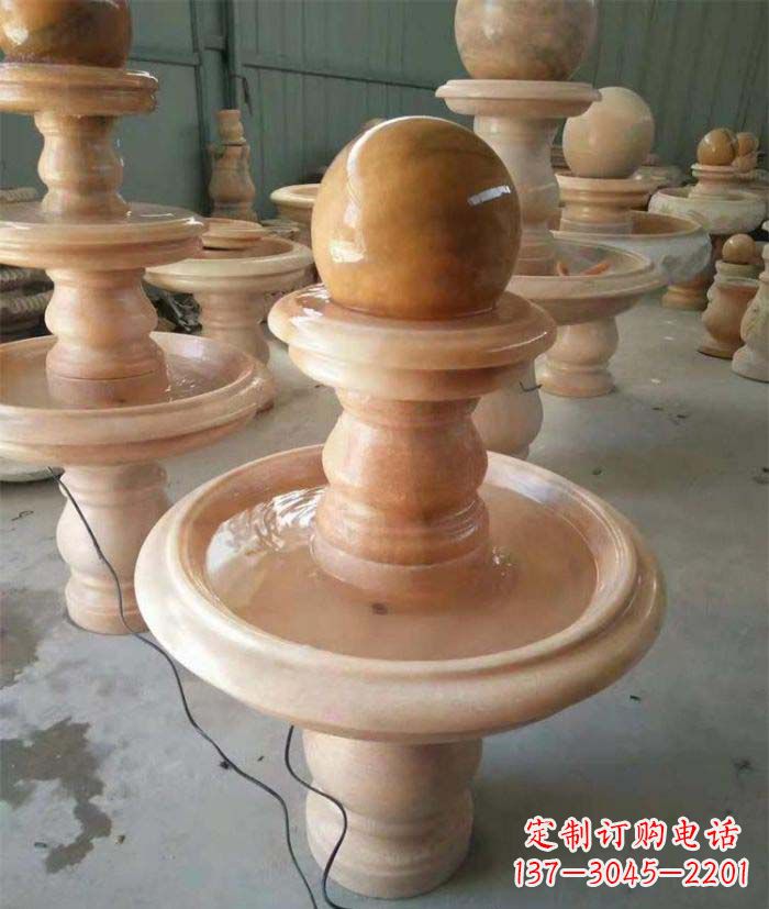 湖北晚霞红双层风水球别墅喷泉石雕