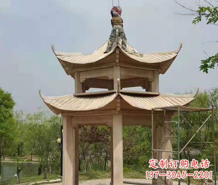 湖北晚霞红双层凉亭石雕 (2)