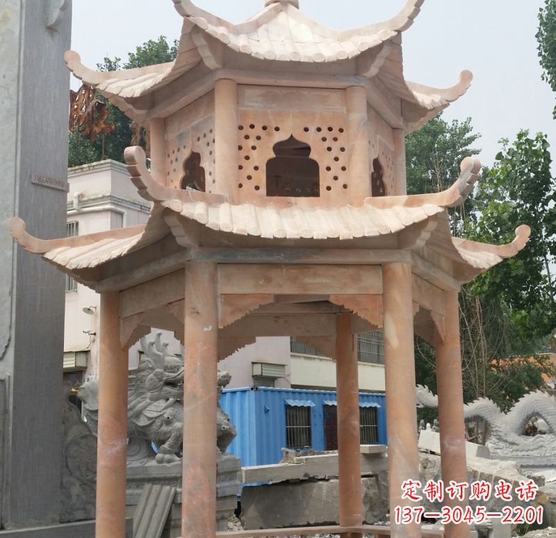 湖北晚霞红双层六角凉亭石雕 (2)
