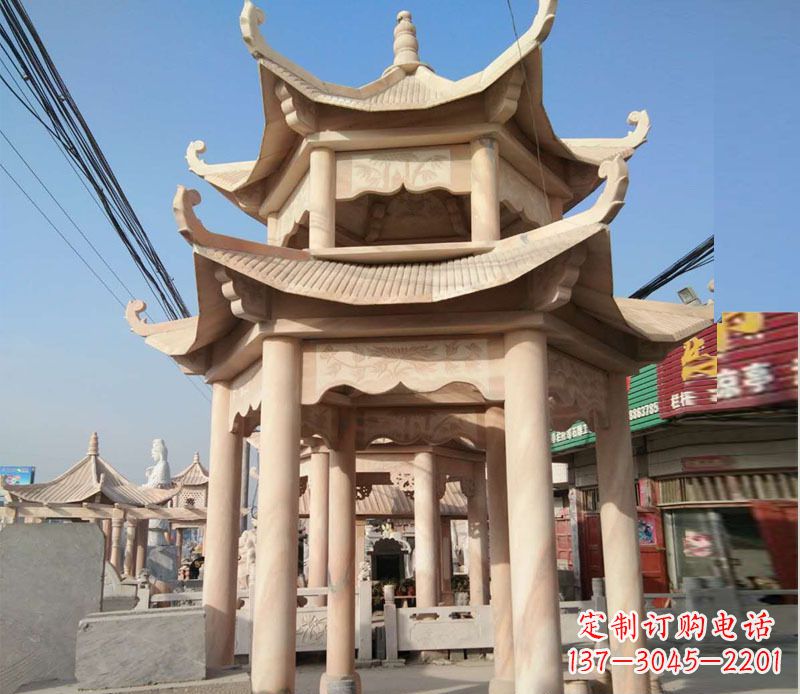 湖北晚霞红双层六角凉亭石雕 (3)