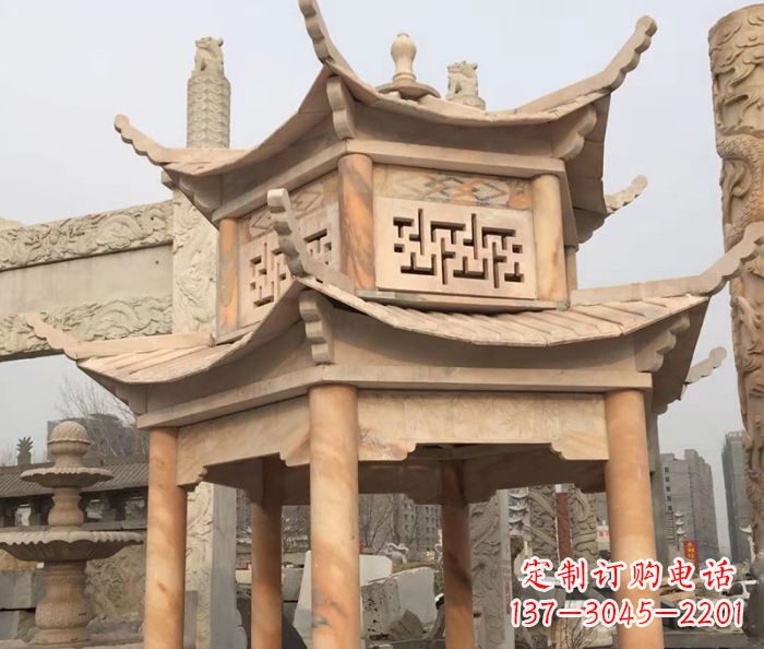湖北晚霞红双层石雕凉亭
