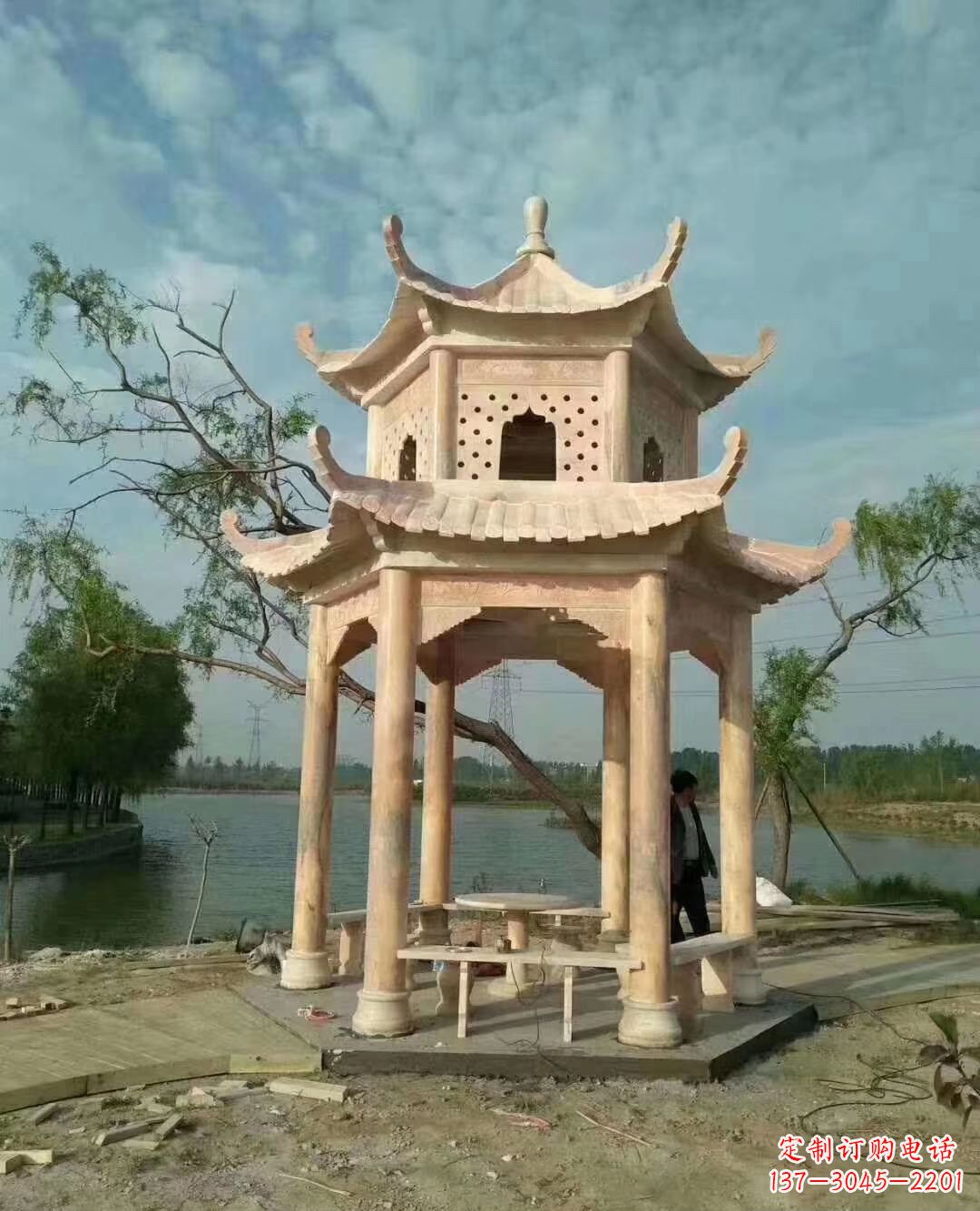 湖北晚霞红双层石凉亭 (2)
