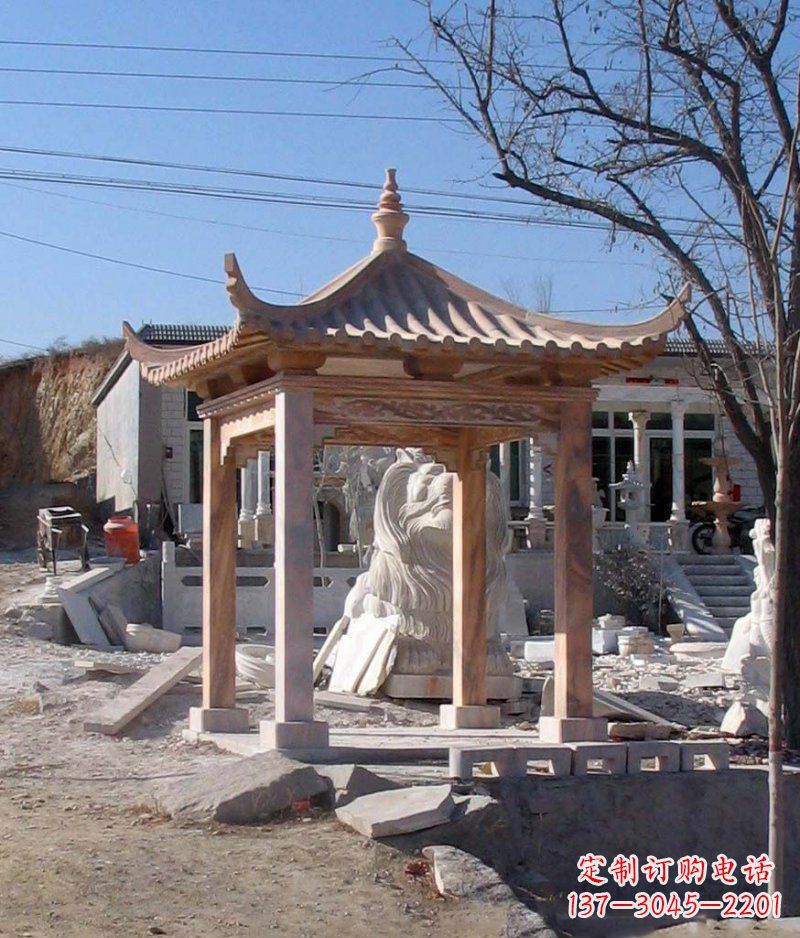 湖北晚霞红四角凉亭景观石雕