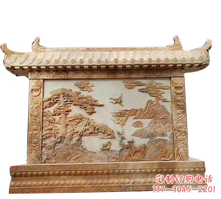 湖北晚霞红松鹤延年浮雕影壁