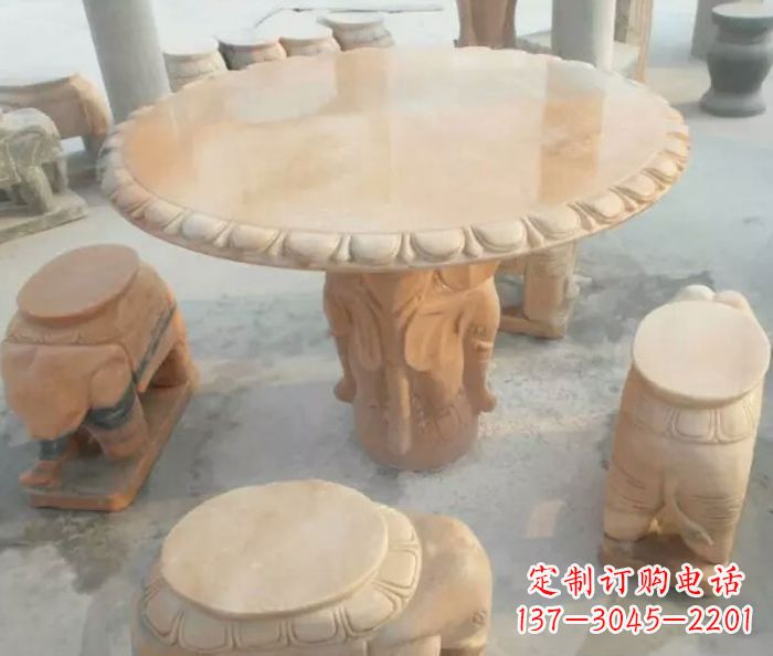 湖北晚霞红小象桌凳别墅石雕 (2)