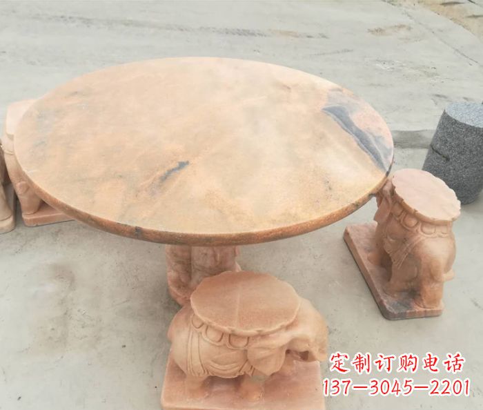 湖北晚霞红小象桌凳别墅石雕 (4)