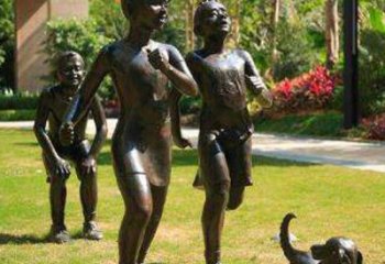 湖北宁夏中领雕塑推出的儿童铜雕跑步遛狗，一款…