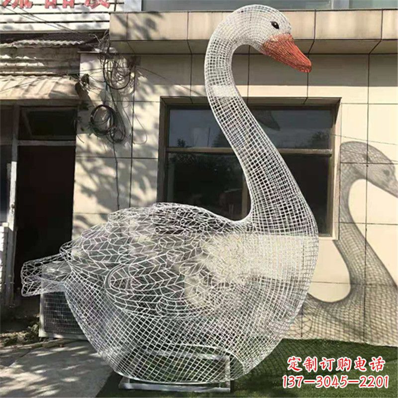 湖北卧姿天鹅不锈钢草坪网格动物摆件