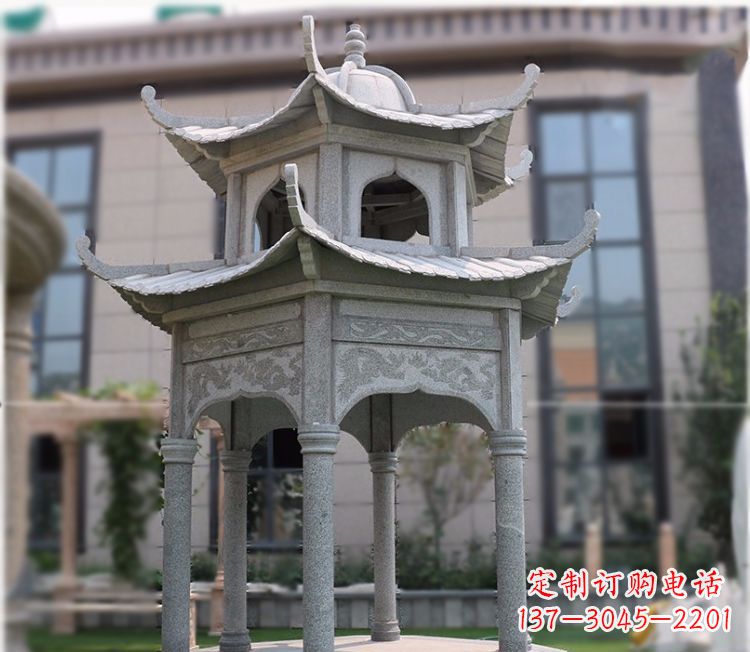 湖北小区大理石六角石雕双层凉亭