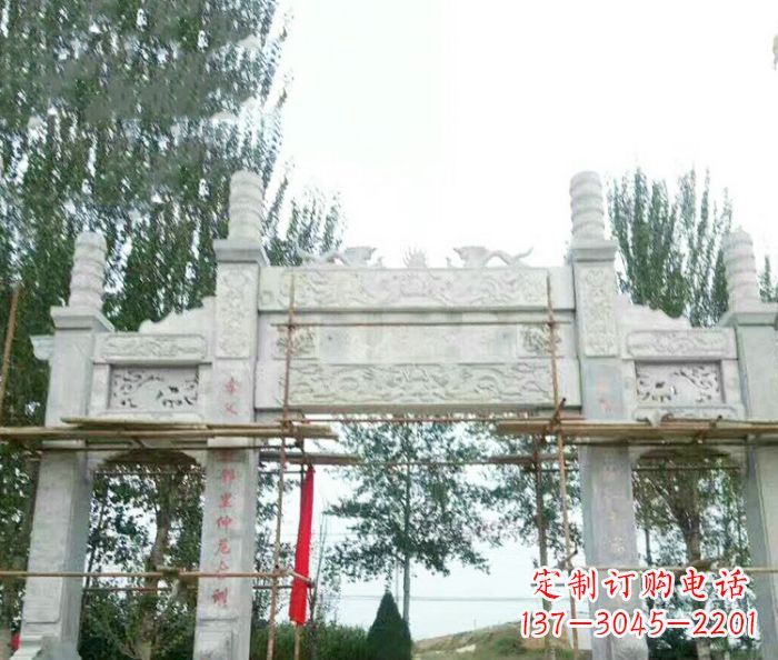 湖北园林仿古三门牌坊石雕 (3)
