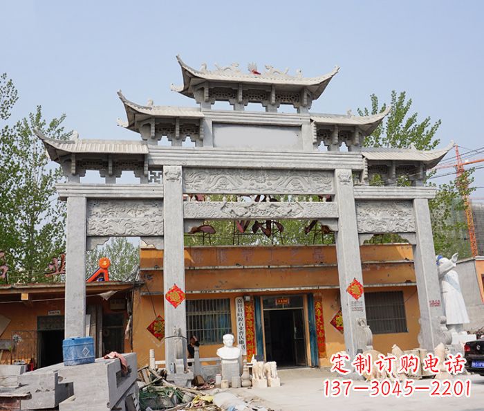 湖北园林仿古三门牌坊石雕 (5)