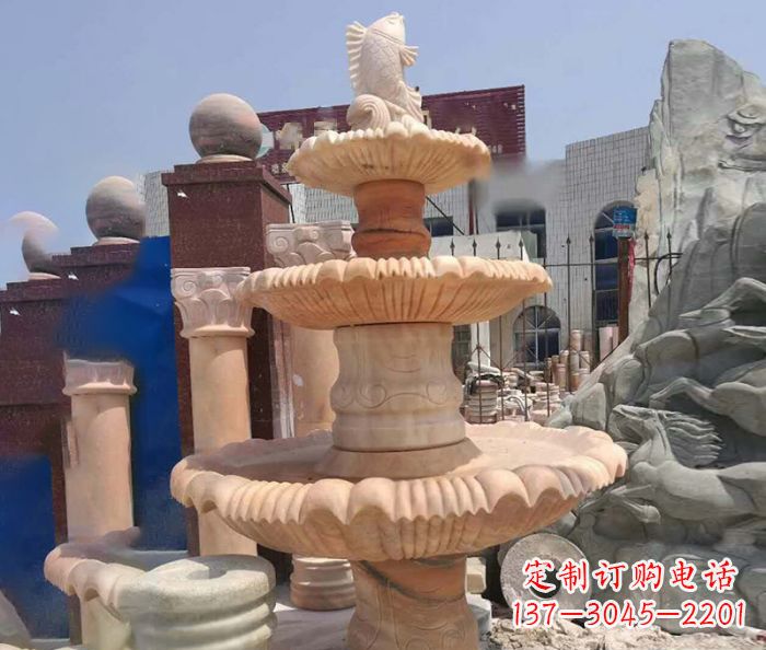 湖北园林景观晚霞红鲤鱼喷泉石雕