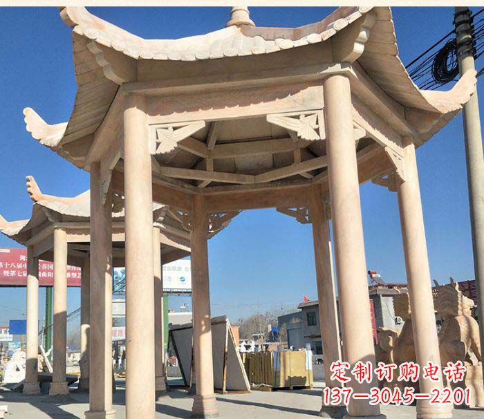湖北园林景观晚霞红六角石雕凉亭 (2)
