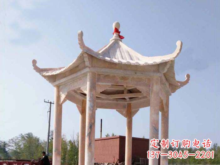 湖北园林景观晚霞红六角石雕凉亭