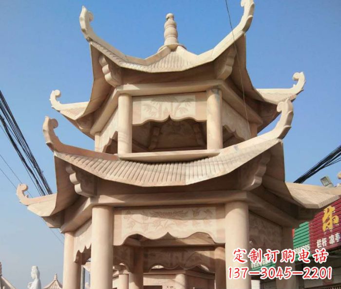 湖北园林景观晚霞红双层石雕凉亭 (2)