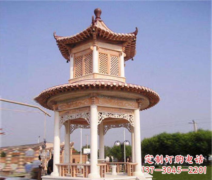 湖北园林景观晚霞红双层石雕凉亭 (4)