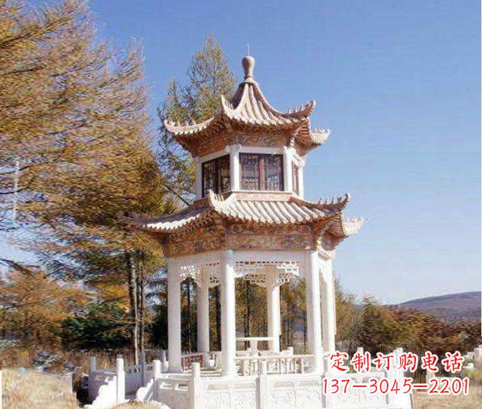 湖北园林景观晚霞红双层石雕凉亭 (3)