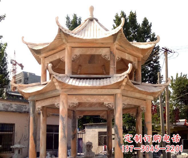 湖北园林景观晚霞红双层石雕凉亭