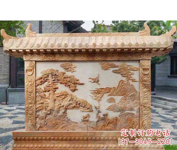 湖北园林景观晚霞红松鹤石浮雕影壁