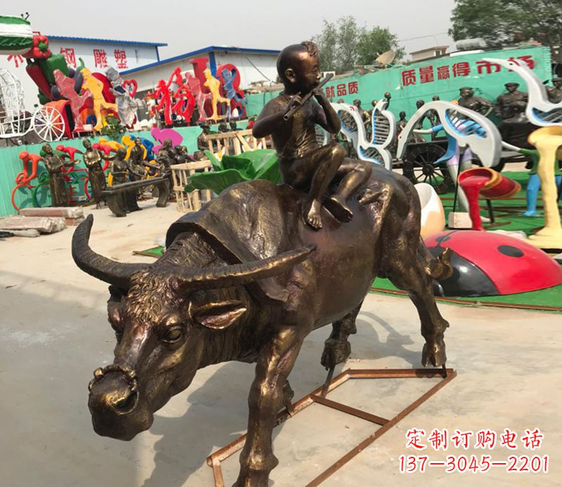 湖北园林牧童骑牛铜雕塑