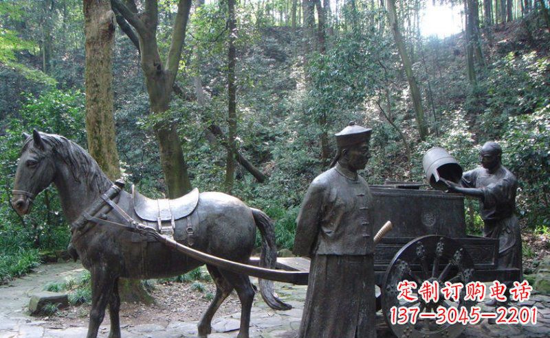 湖北园林清朝士兵和马车小品铜雕