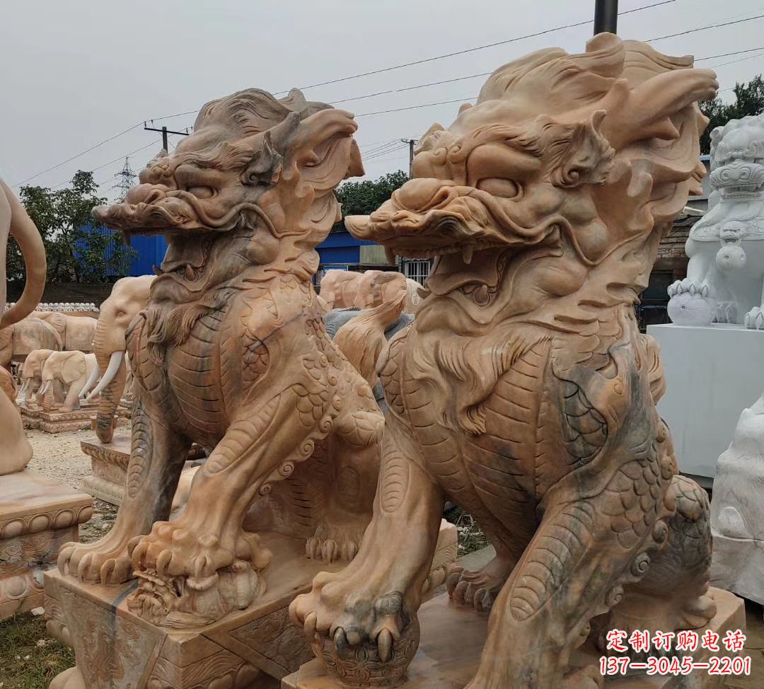 湖北园林晚霞红古代招财神兽麒麟石雕