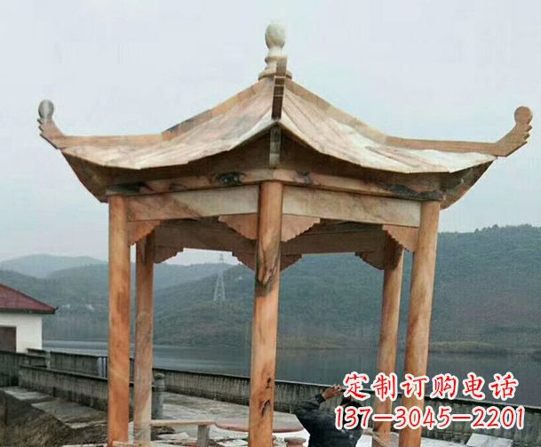 湖北园林晚霞红单层石凉亭景观石雕